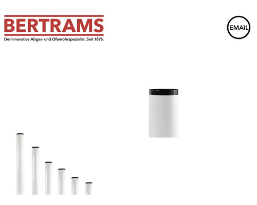 Logo Bertrams, symbole pour émail et tuyaux de poêle blancs en émail de différentes longueurs.