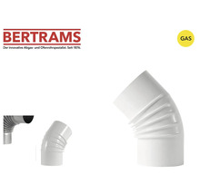 Bertrams Logo, symbole de conformité pour le gaz et un coude d évacuation blanc pour appareils à gaz.