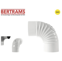Bertrams Logo. Coude de tuyau d'évacuation des gaz Bertrams blanc, 90 degrés avec trappe de nettoyage. Adapté au gaz.