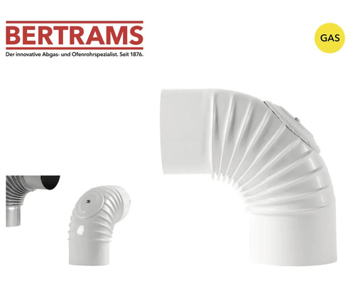 Bertrams Logo. Coude de tuyau d'évacuation des gaz Bertrams blanc, 90 degrés avec trappe de nettoyage. Adapté au gaz.