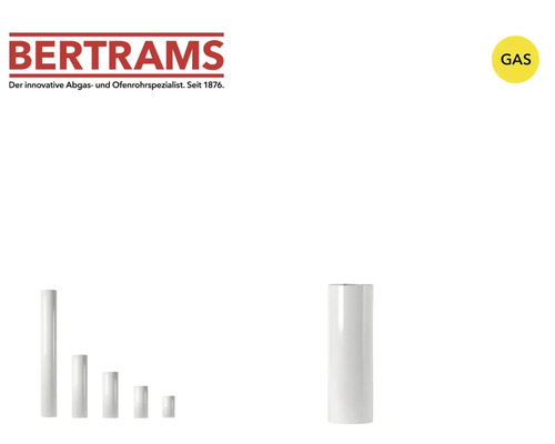 Bertrams Logo. Wäiss emaljéiert Gas-Abgasréier a verschiddene Längen. Geechent fir Gas.