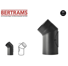 Logo Bertrams. Coude de tuyau de poêle noir avec un angle de 45 degrés et une trappe de nettoyage en acier.