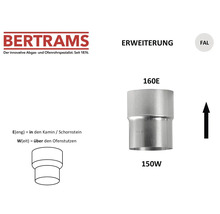 Bertrams Logo, Ofenrohr-Erweiterung aus feueraluminiertem Stahlblech, 150 Millimeter auf 160 Millimeter.