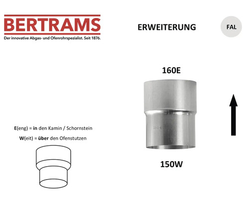 Bertrams Logo, Ofenrohr-Erweiterung aus feueraluminiertem Stahlblech, 150 Millimeter auf 160 Millimeter.