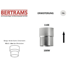 Réducteur de conduit de poêle Bertrams en tôle d acier aluminée pour le passage de 100 millimètres à 110 millimètres. Avec logo Bertrams.