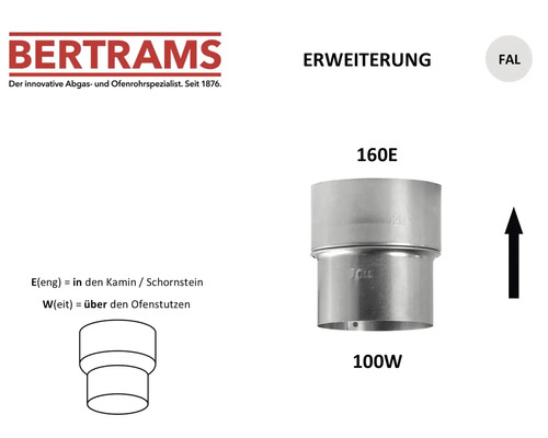 Bertrams Ofenrohr Erweiterung aus feueraluminiertem Stahl, Übergang von 100 Millimeter auf 160 Millimeter.