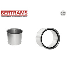 Logo Bertrams. Fourreau mural double paroi en acier brut avec joint pour tuyaux de poêle de deux millimètres, vue latérale et de dessus.
