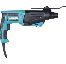 Marteau perforateur Makita HR2670 bleu pétrole et noir avec butée de profondeur et cordon d'alimentation.