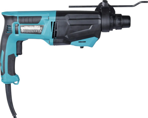 Marteau perforateur Makita HR2670 bleu pétrole et noir avec butée de profondeur et cordon d'alimentation.