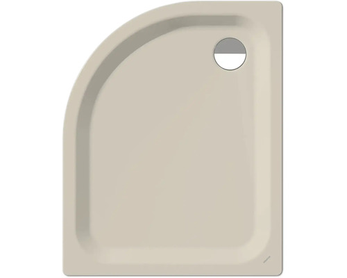 Receveur de douche quart de rond beige avec un trou d'évacuation circulaire.