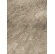 Parquet en bois clair avec un motif mosaïque géométrique.