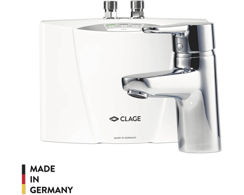 Petit chauffe-eau instantané Clage avec mitigeur monocommande, niveaux de température 35, 38 et 45 degrés Celsius, Made in Germany.