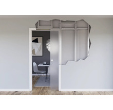 Châssis pour porte coulissante en verre dans une cloison sèche avec profilés métalliques et verre dépoli, intérieur moderne avec parquet.