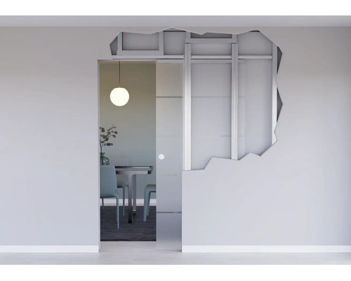 Système de porte coulissante en verre escamotable avec ossature métallique et plaques de plâtre dans un intérieur moderne.