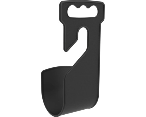 Support noir en plastique pour tuyau avec poignée de transport intégrée.