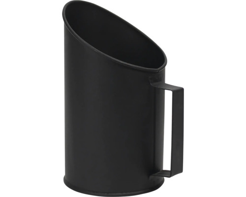 Seau à charbon noir en métal avec poignée et ouverture biseautée.