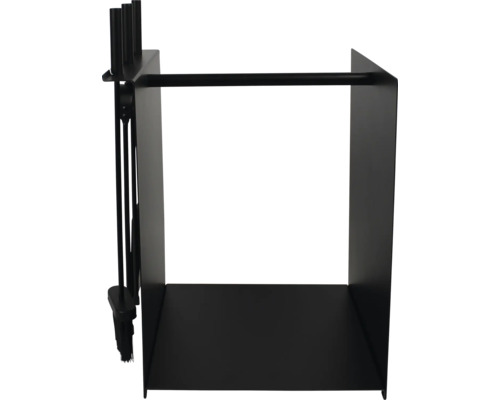 Porte-bûches moderne en métal noir avec serviteur de cheminée intégré, comprenant un tisonnier, une balayette et une pelle.