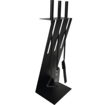 Servante de cheminée moderne en acier noir, comprenant une pelle, un balai, un tisonnier et un support minimaliste.