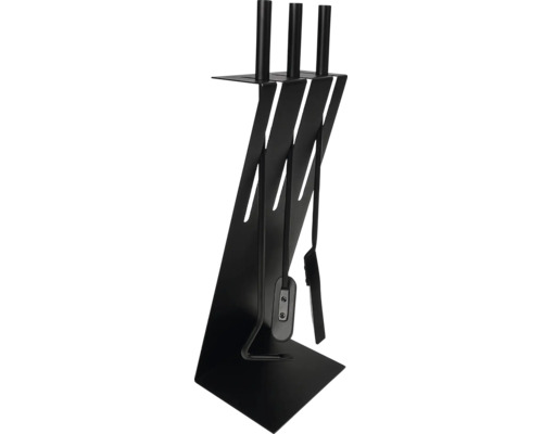 Servante de cheminée moderne en acier noir, comprenant une pelle, un balai, un tisonnier et un support minimaliste.
