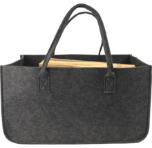Sac en feutre pour bois de chauffage, rectangulaire avec deux poignées, contenant des bûches en bois.
