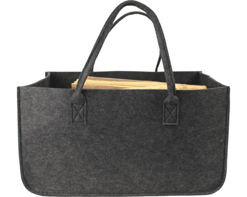 Sac en feutre pour bois de chauffage, rectangulaire avec deux poignées, contenant des bûches en bois.