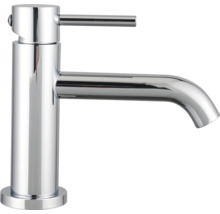 Mitigeur de lavabo monocommande en chrome avec un corps cylindrique et une manette fine.