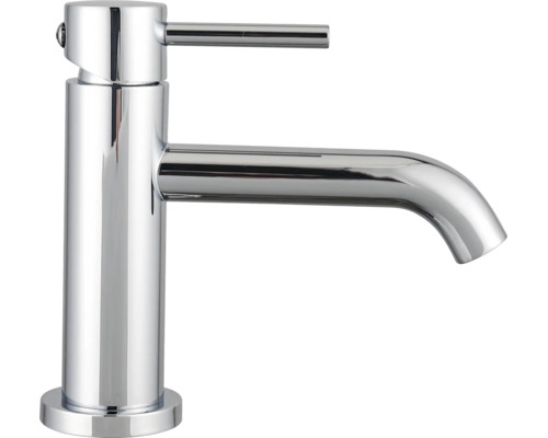 Mitigeur de lavabo monocommande en chrome avec un corps cylindrique et une manette fine.