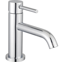Mitigeur de lavabo monocommande en métal chromé avec corps cylindrique et bec courbé.