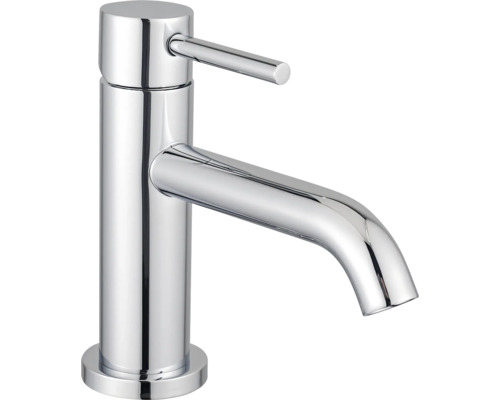 Mitigeur de lavabo monocommande en métal chromé avec corps cylindrique et bec courbé.