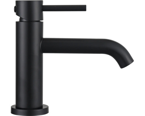 Mitigeur de lavabo monocommande noir mat, corps cylindrique avec bec droit.