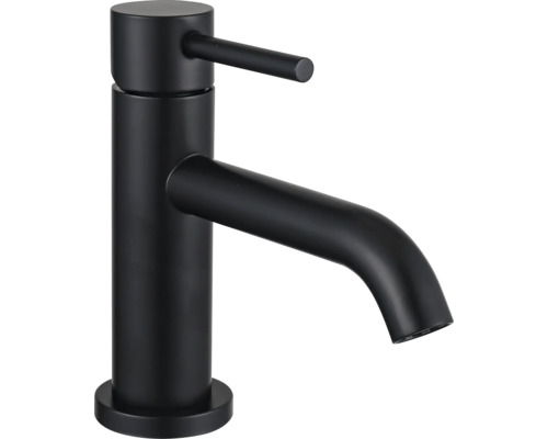 Mitigeur de lavabo moderne, noir mat, avec levier unique et bec courbé.