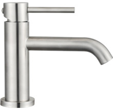 Mitigeur de lavabo moderne à levier unique en acier inoxydable brossé pour la salle de bains.