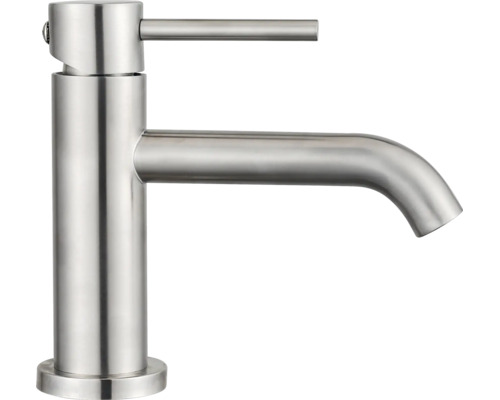Mitigeur de lavabo moderne à levier unique en acier inoxydable brossé pour la salle de bains.