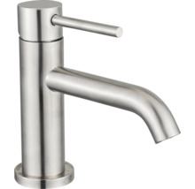 Mitigeur de lavabo monocommande en acier inoxydable avec bec courbé et design cylindrique.