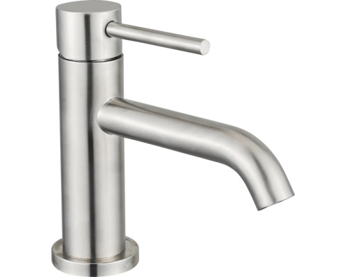 Mitigeur de lavabo monocommande en acier inoxydable avec bec courbé et design cylindrique.