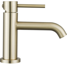 Mitigeur de lavabo monocommande en laiton brossé avec un corps cylindrique et un levier de commande mince.