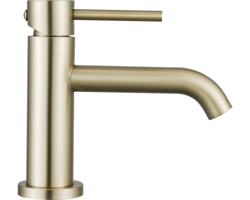 Mitigeur de lavabo monocommande en laiton brossé avec un corps cylindrique et un levier de commande mince.