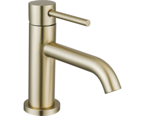 Mitigeur de lavabo monocommande en aspect or brossé avec corps cylindrique et bec courbé.