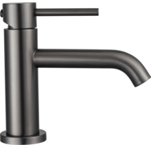 Mitigeur de lavabo monocommande en anthracite avec levier latéral et bec courbé.
