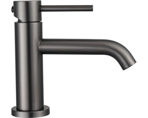 Mitigeur de lavabo monocommande en anthracite avec levier latéral et bec courbé.