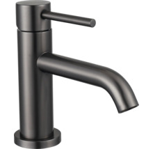 Mitigeur de lavabo monocommande en métal brossé foncé avec corps cylindrique.