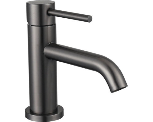 Mitigeur de lavabo monocommande en métal brossé foncé avec corps cylindrique.