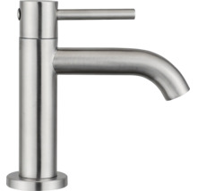 Mitigeur de lavabo monocommande en acier inoxydable brossé avec bec rond.