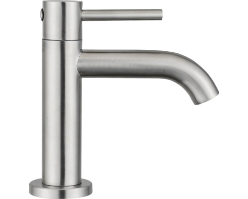 Mitigeur de lavabo monocommande en acier inoxydable brossé avec bec rond.
