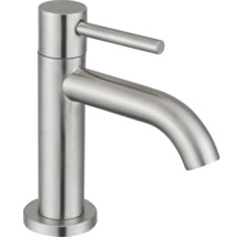 Mitigeur de lavabo en acier inoxydable brossé avec un corps cylindrique et un bec courbé.