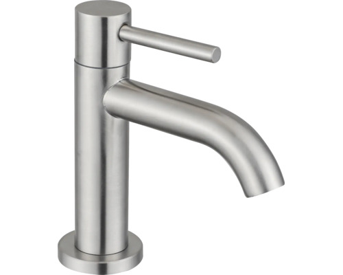 Mitigeur de lavabo en acier inoxydable brossé avec un corps cylindrique et un bec courbé.