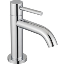 Mitigeur de lavabo chromé avec bec courbé et levier latéral.
