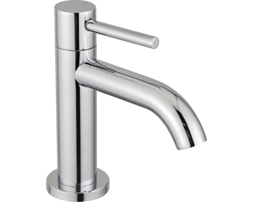 Mitigeur de lavabo chromé avec bec courbé et levier latéral.