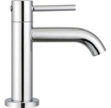 Mitigeur de lavabo monocommande en métal chromé avec bec haut courbé.