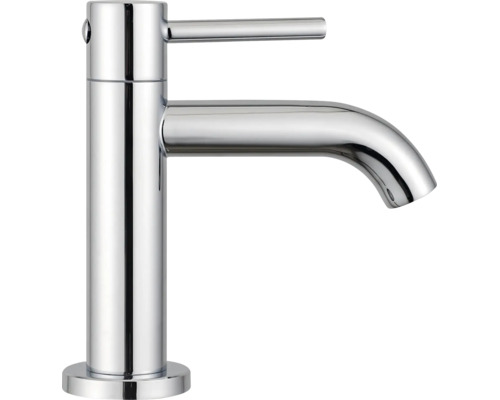 Mitigeur de lavabo monocommande en métal chromé avec bec haut courbé.